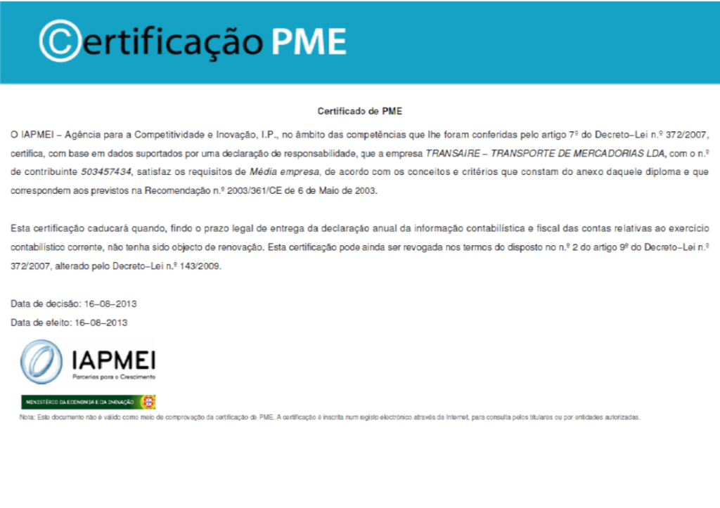 Certificações Transaire